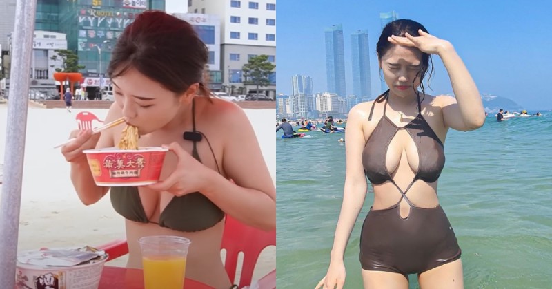 喜歡台灣的韓國女生Judy海灘換「爆乳比基尼」猛嗑滿漢大餐