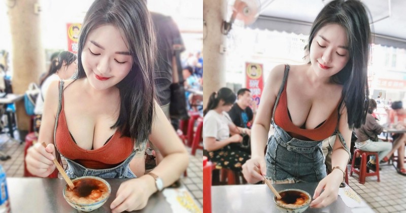 好深的碗粿！「白嫩巨乳妹」台南夜市吃美食，彎腰「溢奶畫面」讓網友大喊：太深啦！